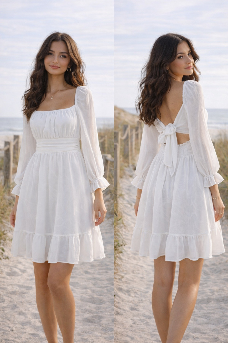 Exlura White Cottagecore Open Back Tie Dress Beach Bridal Bachelorette Size M